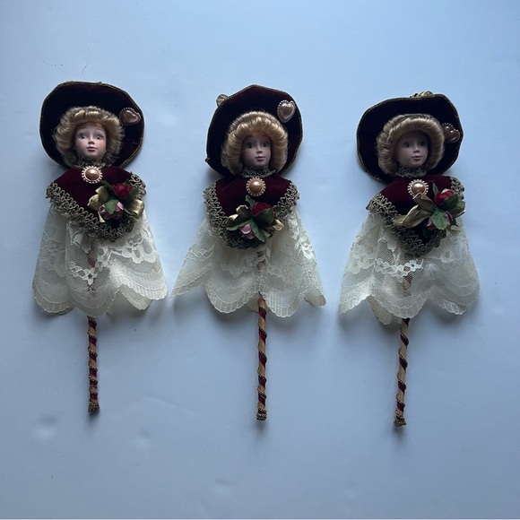 Lot 3 Vintage Kurt S Adler Victorian Porcelain Doll Christmas Ornaments Burgundy - Picture 2 of 16